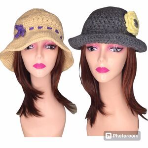 Vtg. 2 Handmade Crochet Hats Hippie Grandma Funky Cottagecore‎ Slow Fashion